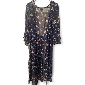 Arizona Jean Company Navy Floral Maxi Tunic/Coverup with Beige Print